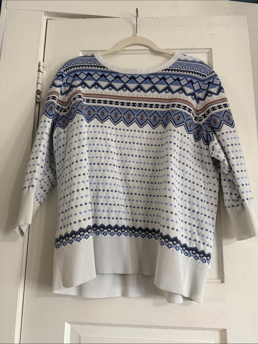Lands' End White Crewneck Sweater with Blue Fair Isle Pattern
